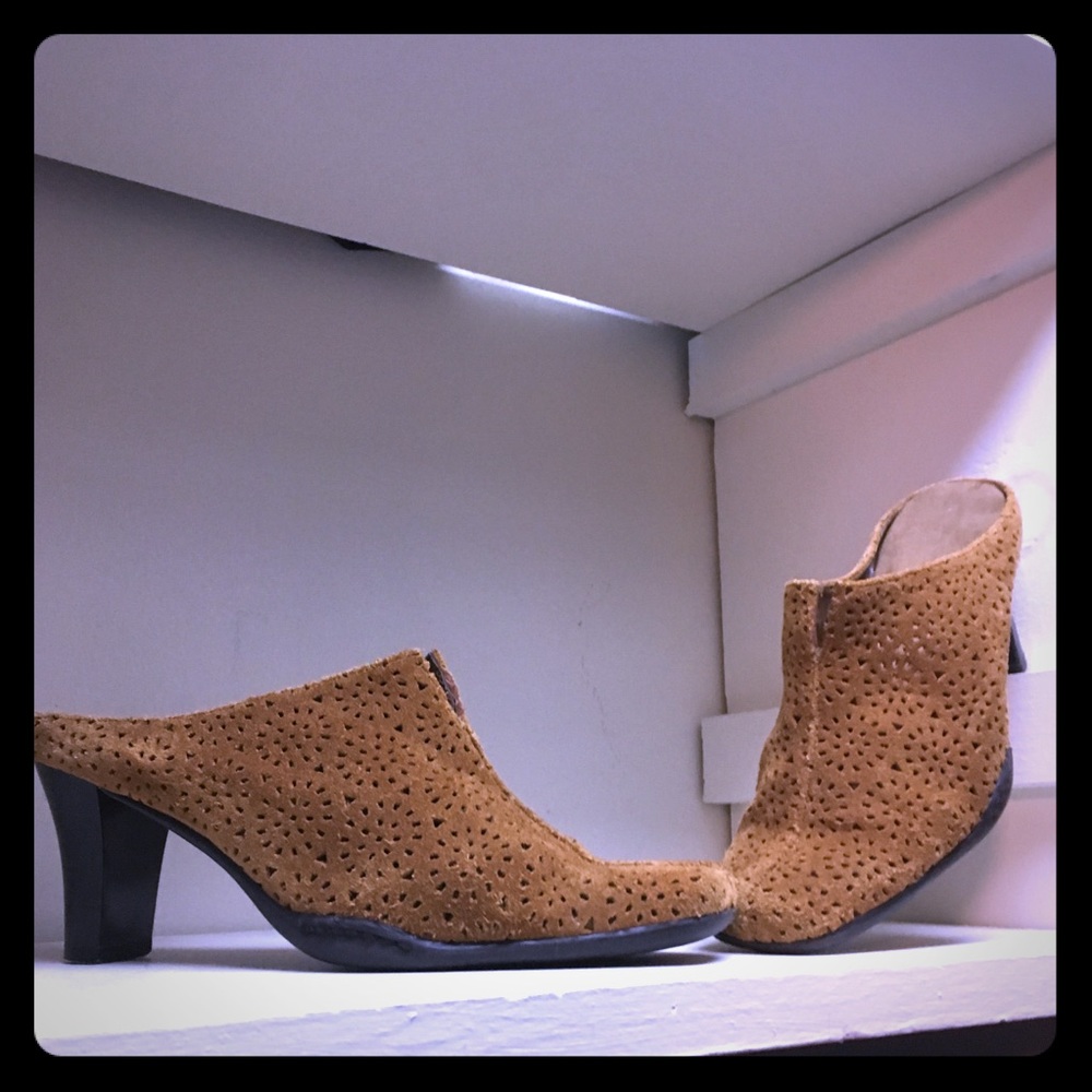 Tan Perforated Suede Mule Heels w Square Toe - 7.5
